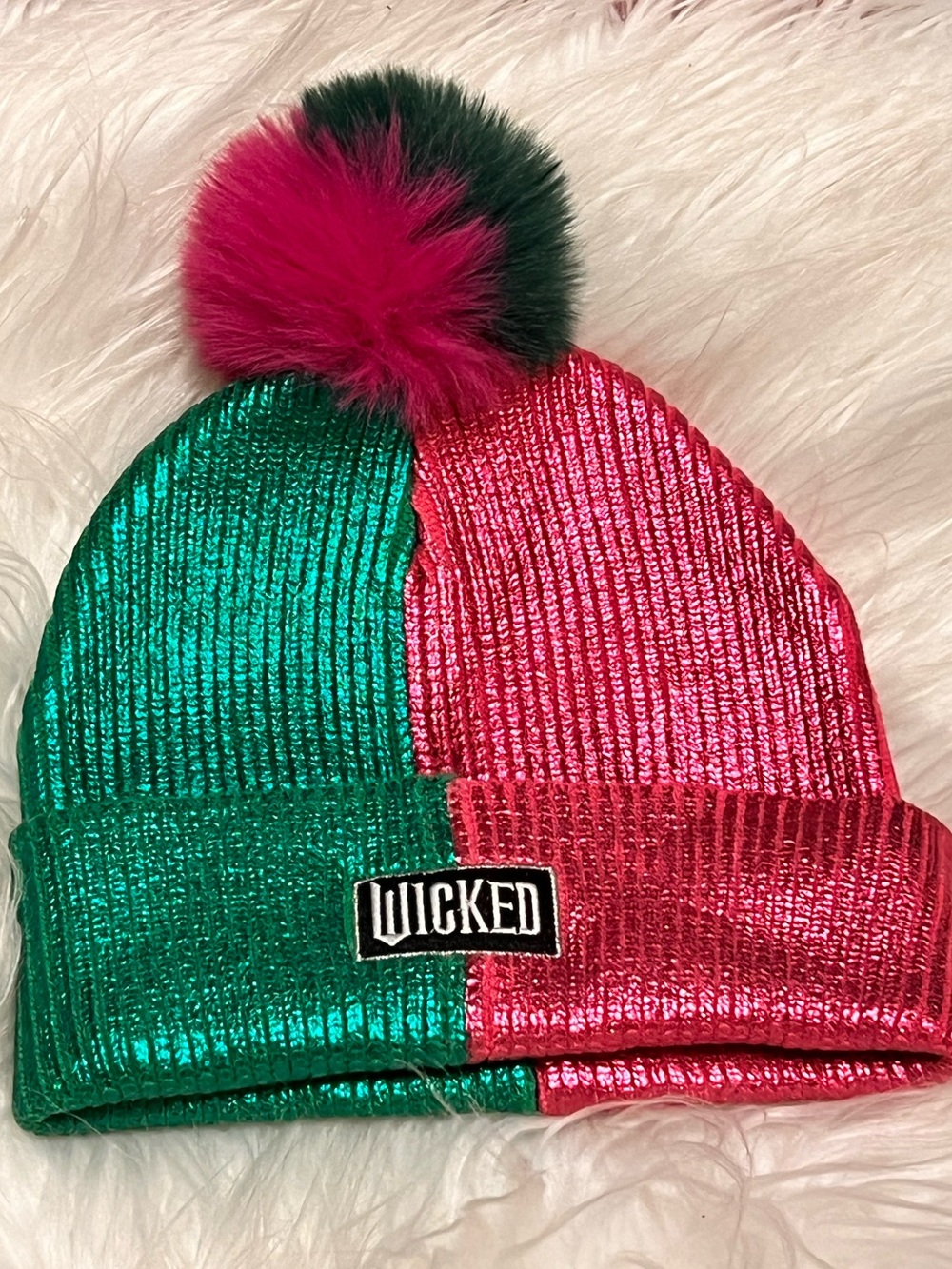 Wicked Two-Tone Metallic Beanie Green & Pink with Pom